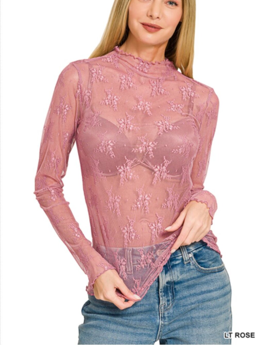 ZENANA ROSE LACE LAYERING TOP LONG SLEEVE
